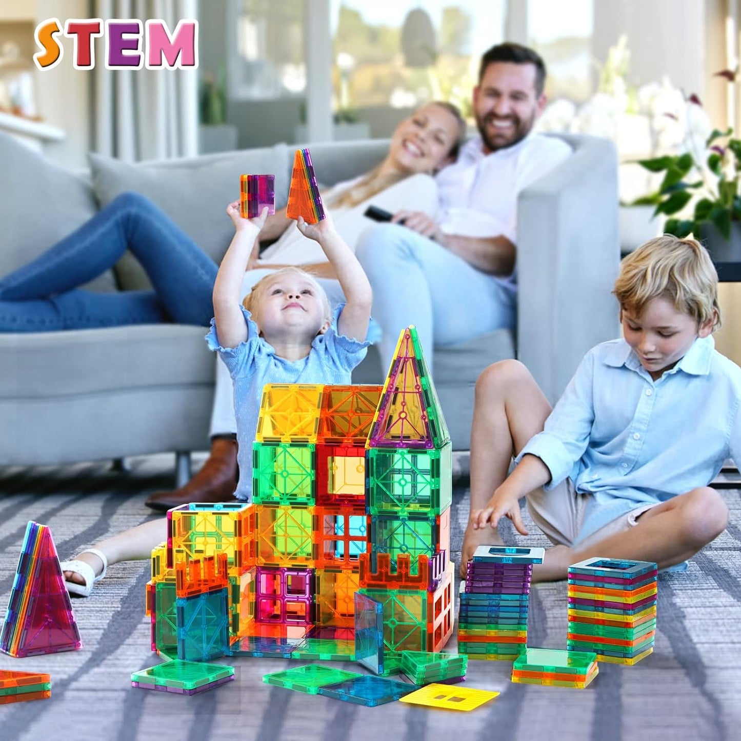 Gemmicc Magnetic Tiles Building Blocks for Kids, STEM Approved Educational Toys,3D Magnet Puzzles Stacking Blocks for Boys Girls,100 PCS Advanced Set with 2 Cars