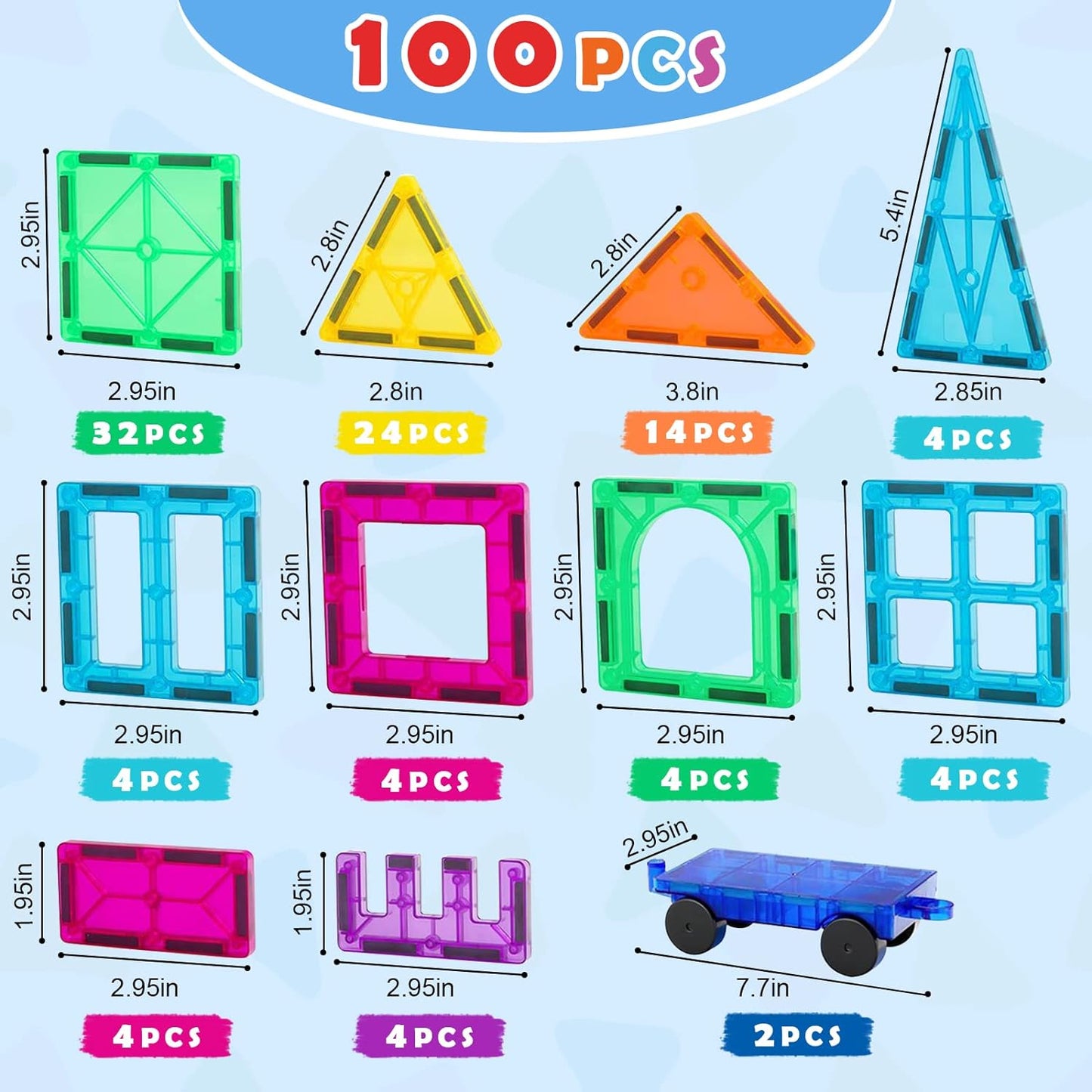 Gemmicc Magnetic Tiles Building Blocks for Kids, STEM Approved Educational Toys,3D Magnet Puzzles Stacking Blocks for Boys Girls,100 PCS Advanced Set with 2 Cars