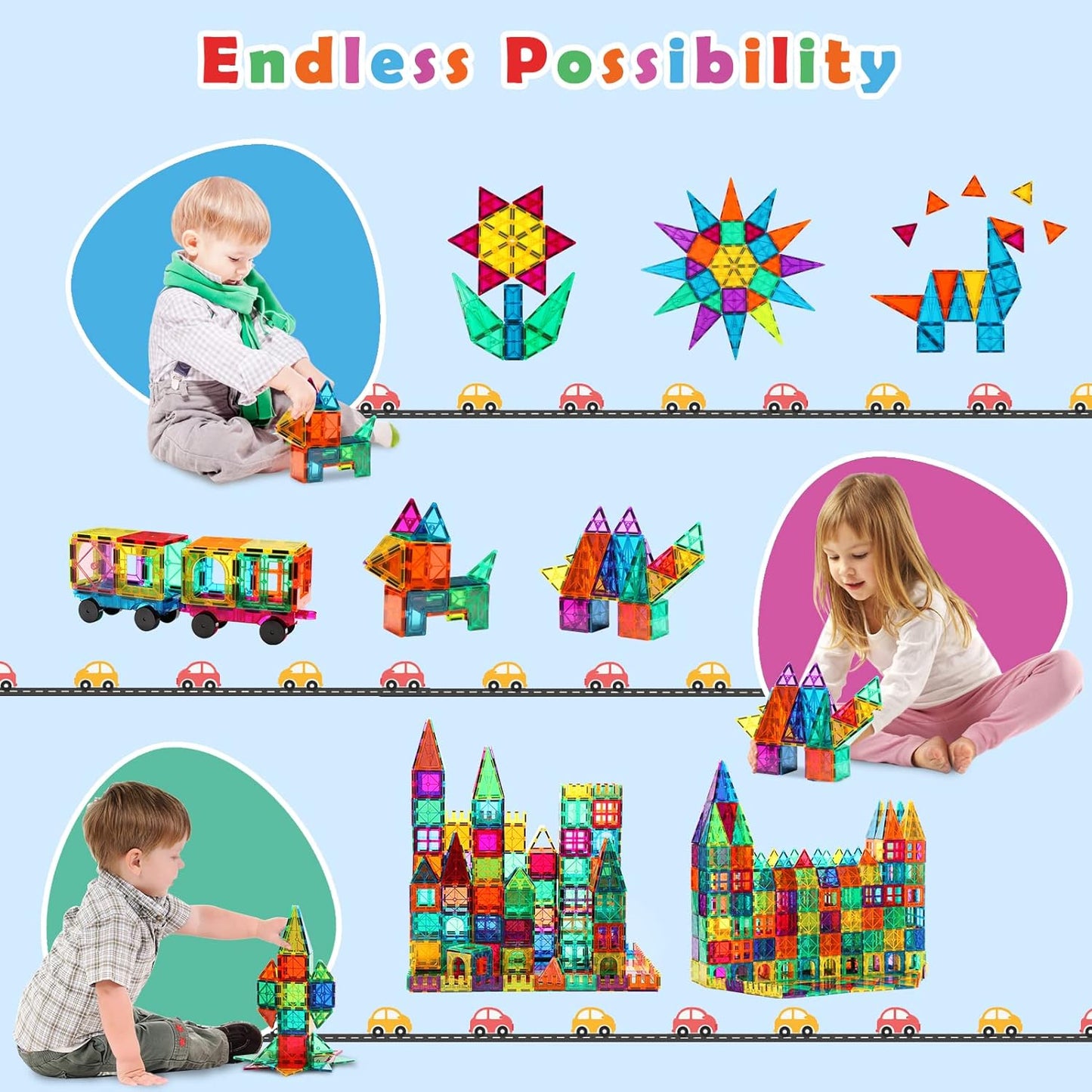 Gemmicc Magnetic Tiles Building Blocks for Kids, STEM Approved Educational Toys,3D Magnet Puzzles Stacking Blocks for Boys Girls,100 PCS Advanced Set with 2 Cars