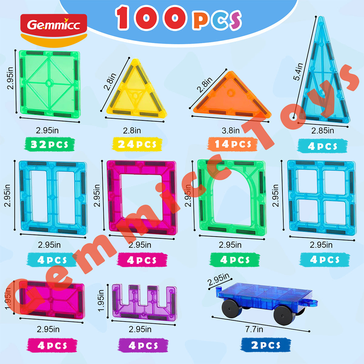 Gemmicc 100pcs Magnetic Tiles Set In Neutral Packings