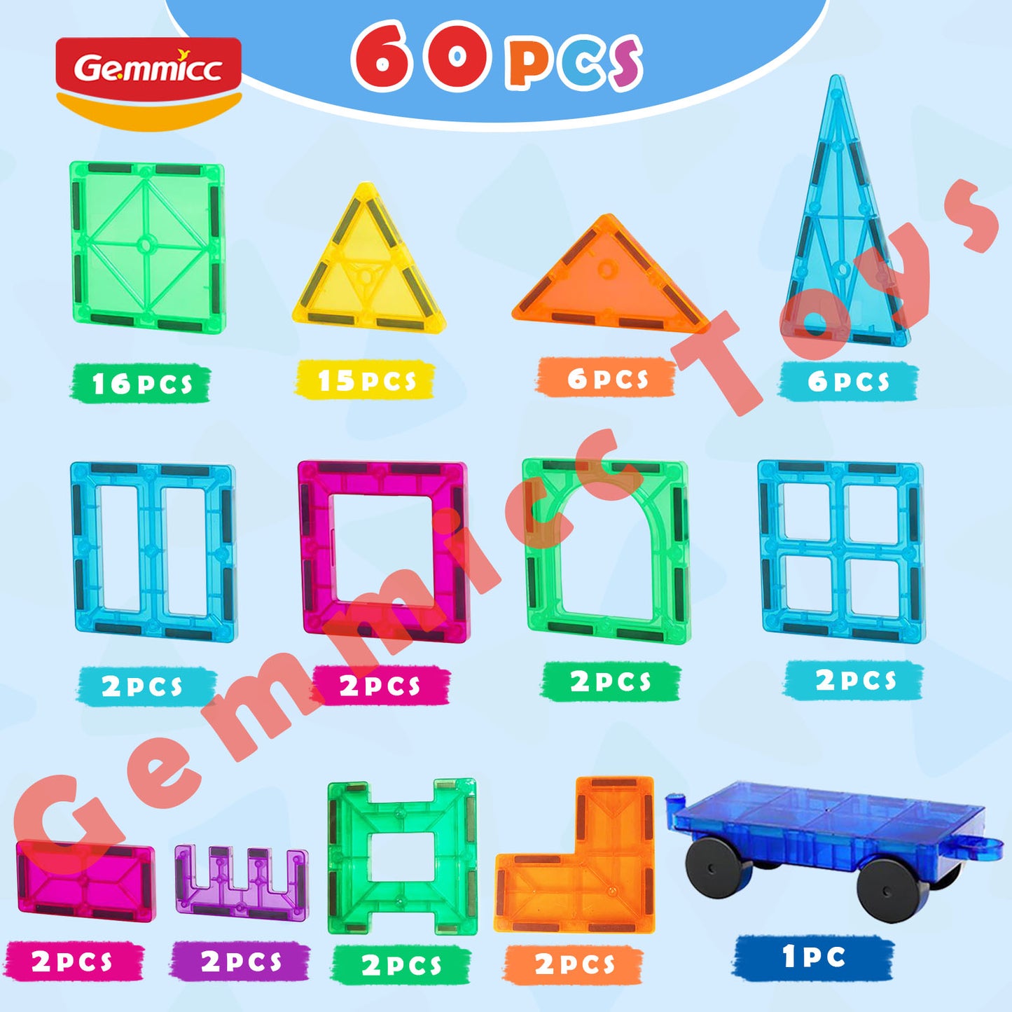 Gemmicc 60pcs Magnetic Tiles Set In Neutral Packing