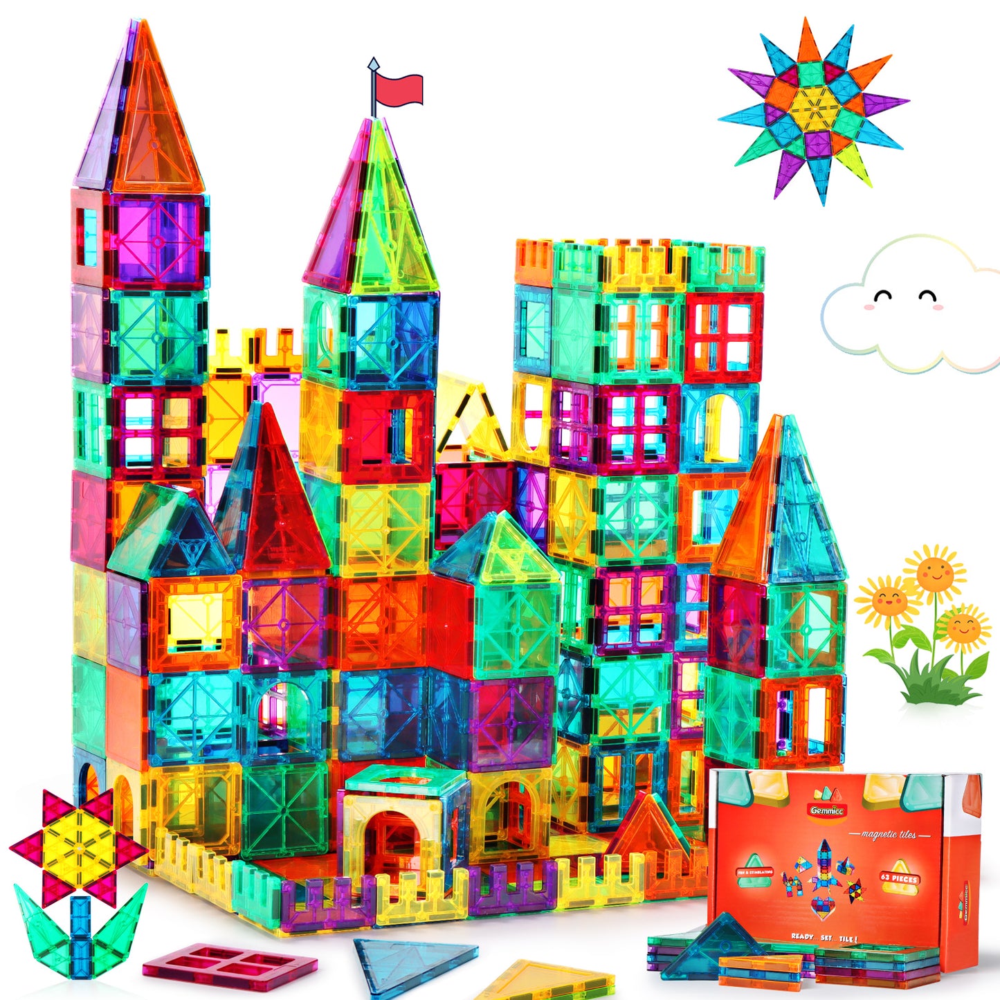 Gemmicc 63pcs Magnetic Tiles Set