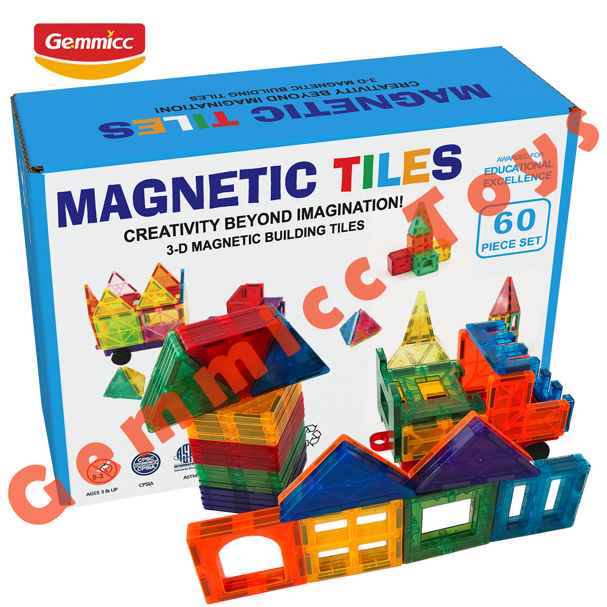 Gemmicc 60pcs Magnetic Tiles Set In Neutral Packing