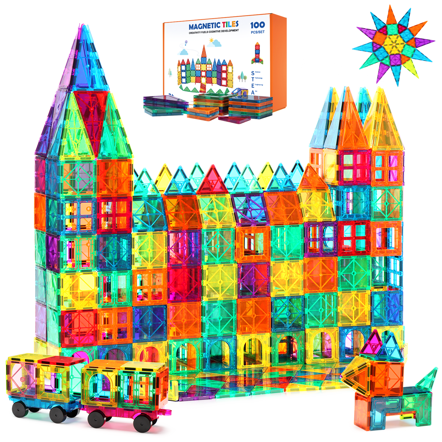 Gemmicc Magnetic Tiles Building Blocks for Kids, STEM Approved Educational Toys,3D Magnet Puzzles Stacking Blocks for Boys Girls,100 PCS Advanced Set with 2 Cars