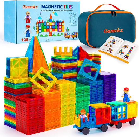 Gemmicc Magnetic Tiles, 126 PCS + Storage Case + 2 Figures, STEM Building Blocks Magnet Toys for Kids,Educational Building Toy Stacking Blocks for Boys Girls,Huge Set with 2 Cars