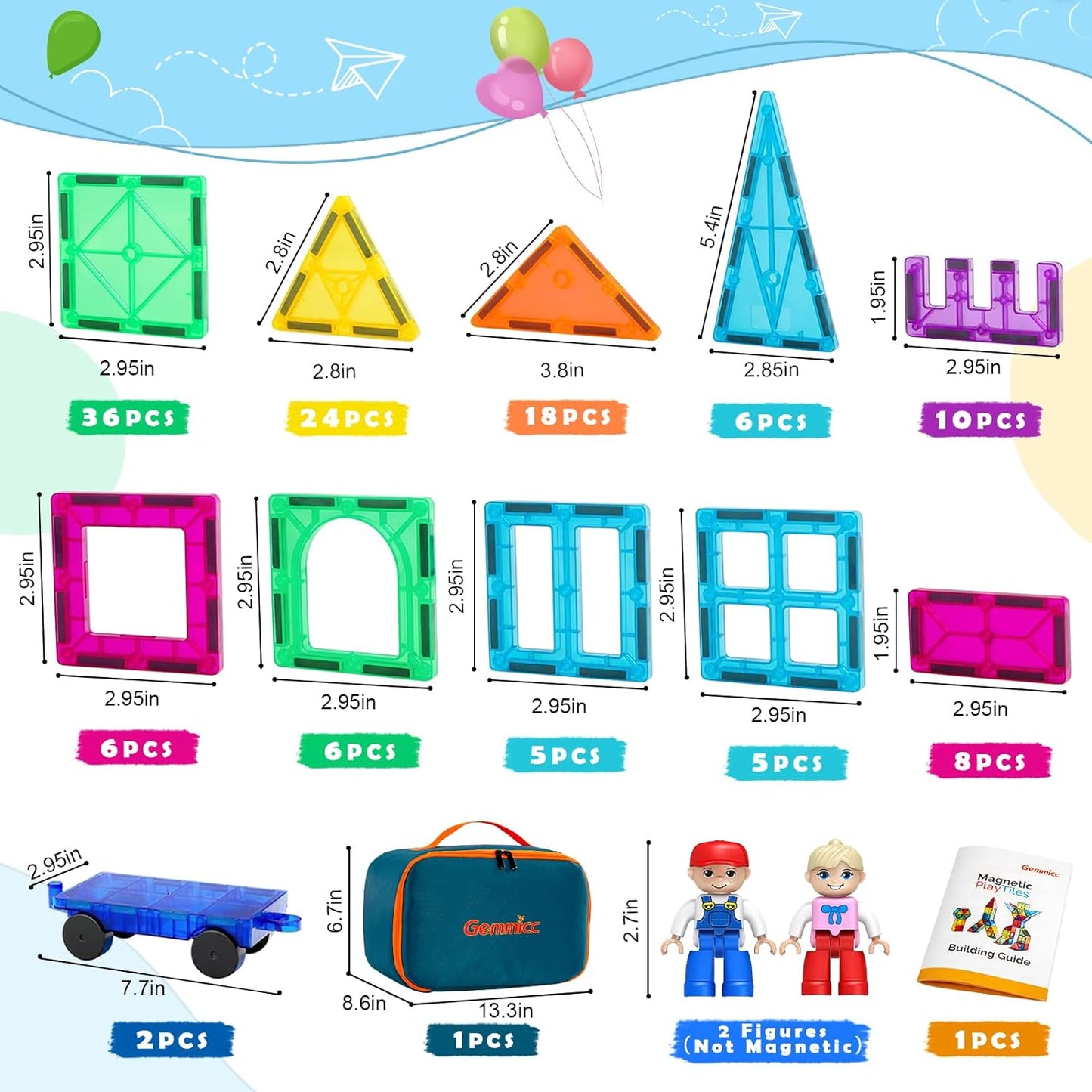 Gemmicc Magnetic Tiles, 126 PCS + Storage Case + 2 Figures, STEM Building Blocks Magnet Toys for Kids,Educational Building Toy Stacking Blocks for Boys Girls,Huge Set with 2 Cars