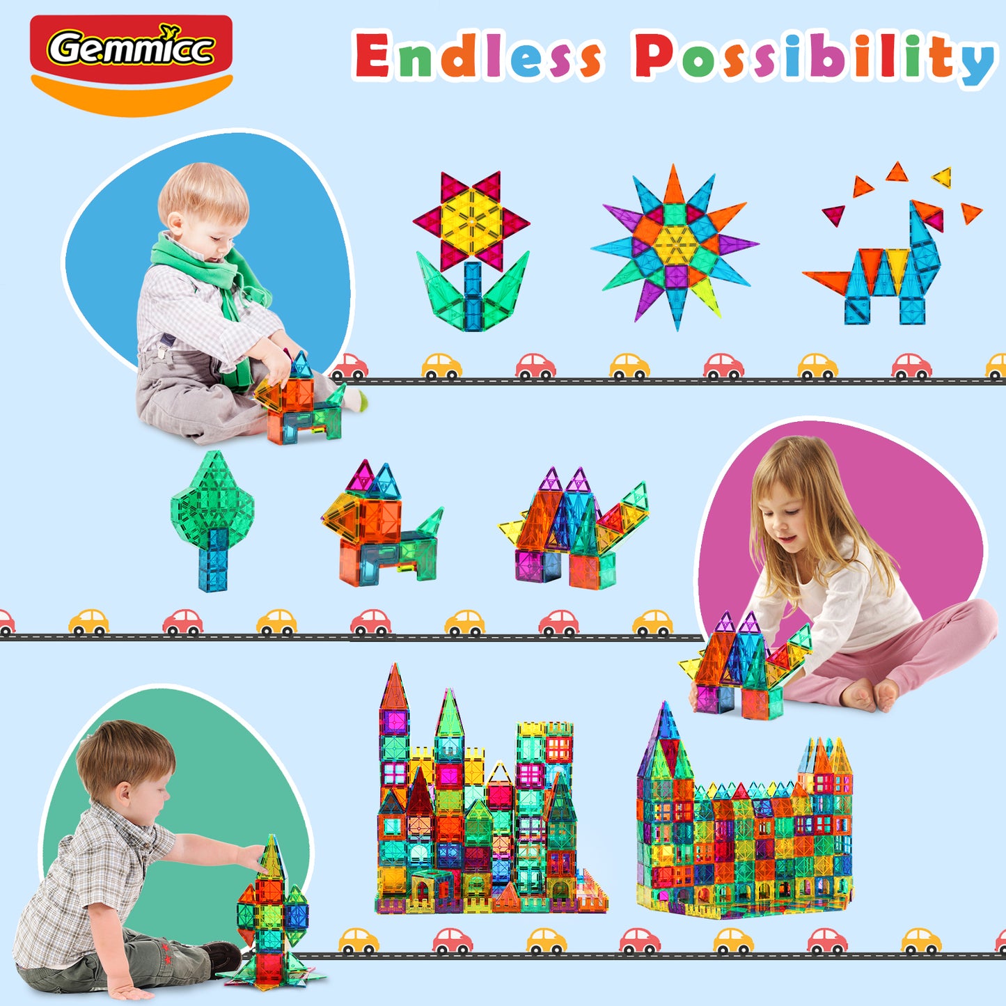 Gemmicc 63pcs Magnetic Tiles Set